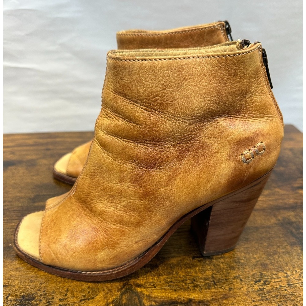Bed Stu Onset Tan Distressed Leather Peep Toe Ankle Booties Heeled Size 8 Boho - Picture 8 of 16